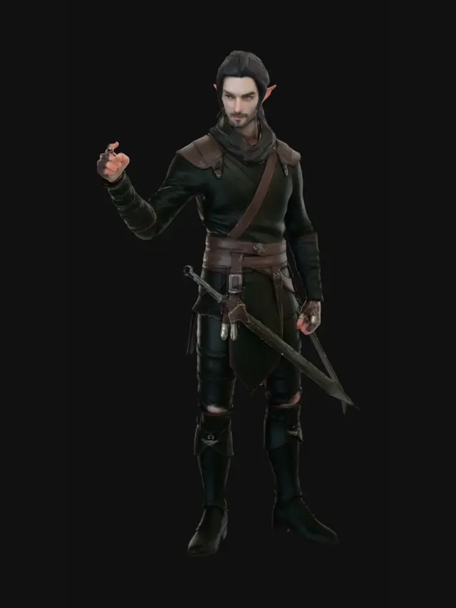 3D model for A captivating male elf swordsman or ranger with smooth skin, sharp features, long dark hair tied back, and striking green eyes, holding a finger to his lips in a secretive gesture. He is clad in a rich brown leather jerkin and gauntlets with intricate stitching, over a dark green tunic, and carries an elegant rapier. His pointed ears have a reddish tint. The character is set amidst a lush, soft-focus pine forest bathed in gentle, dappled natural light.