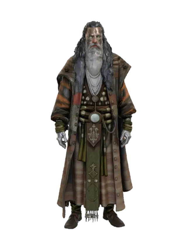 Layer 1 (Main Focus): A stylized, menacing ancient human druid with long, white hair… - Ultra 3D model, vytvořený pomocí AI