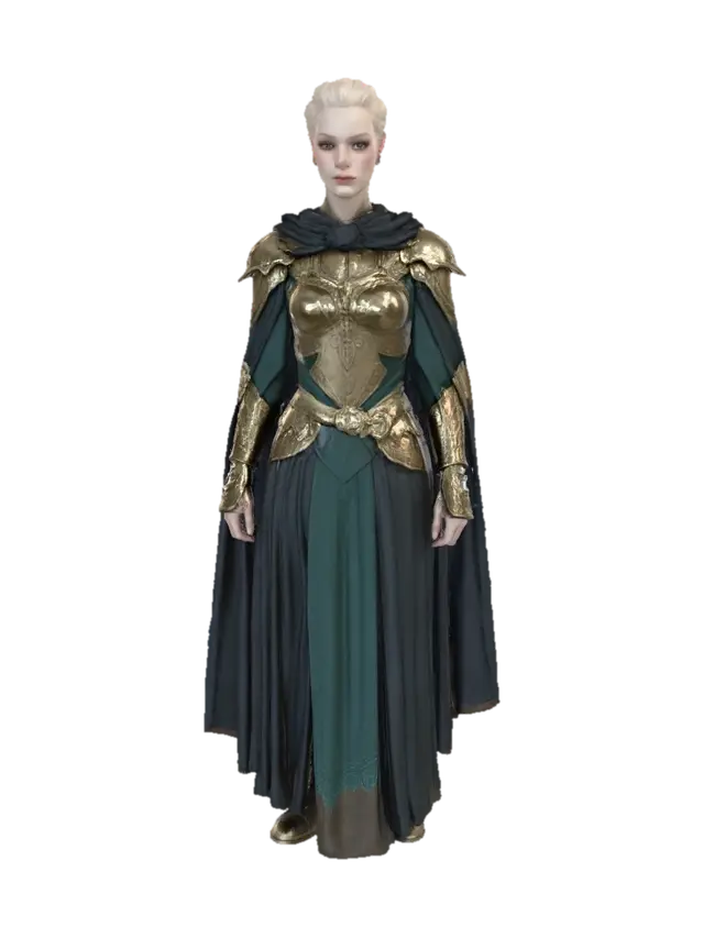 A beautiful female elf with radiant fair skin, soft blonde hair styled in an elegant… - Updo 3D model, vytvořený pomocí AI