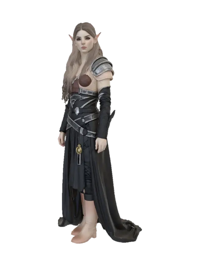 A beautiful female elf warrior with long, flowing blonde hair, fair skin, and… - Dramaticlighting-3D-modell, genererad av AI