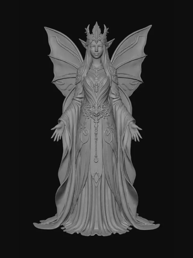 3D model for A majestic fairy or elf-like figure with long, flowing blonde hair and pointed ears, adorned with an elaborate, feathered crown. She wears richly detailed, layered robes in iridescent teal, deep purple, and gold, intricately patterned with mystical designs and hanging charms. Her large, translucent wings glow with luminous blue energy and fine vein-like structures.  Her hands glow with vibrant orange-yellow magical energy, highlighting her readiness for action.