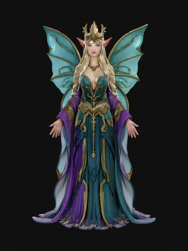3D model for A majestic fairy or elf-like figure with long, flowing blonde hair and pointed ears, adorned with an elaborate, feathered crown. She wears richly detailed, layered robes in iridescent teal, deep purple, and gold, intricately patterned with mystical designs and hanging charms. Her large, translucent wings glow with luminous blue energy and fine vein-like structures.  Her hands glow with vibrant orange-yellow magical energy, highlighting her readiness for action.