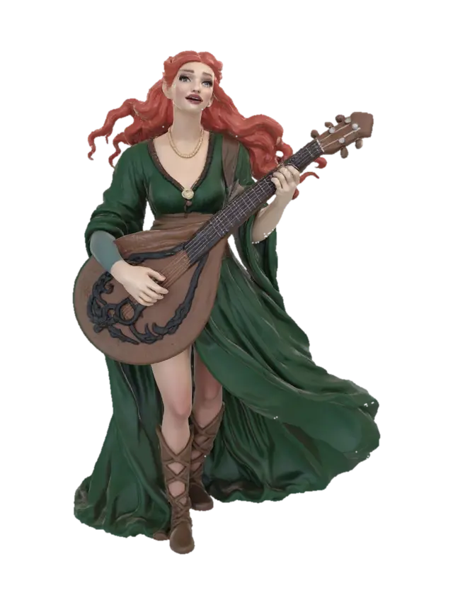 figurine fantasy dnd singing and playing female elven bard hero in dynamic pose in… - Auburn 3D model, vytvořený pomocí AI