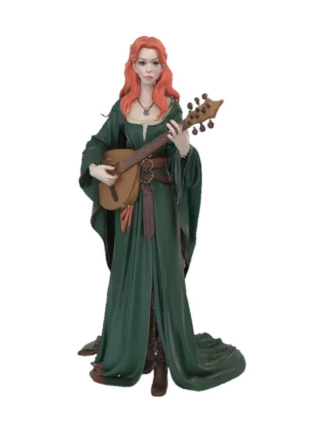 figurine fantasy dnd singing and playing female elven bard hero in dynamic pose in… - Auburn 3D model, vytvořený pomocí AI