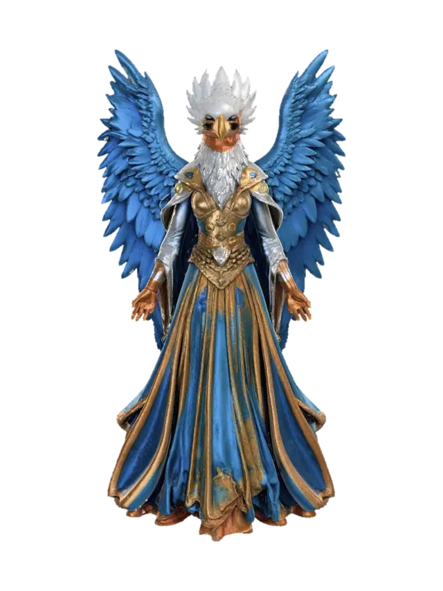 A majestic female humanoid figure with the head of a blue eagle, featuring a… - Spellcasting 3D model, vytvořený pomocí AI