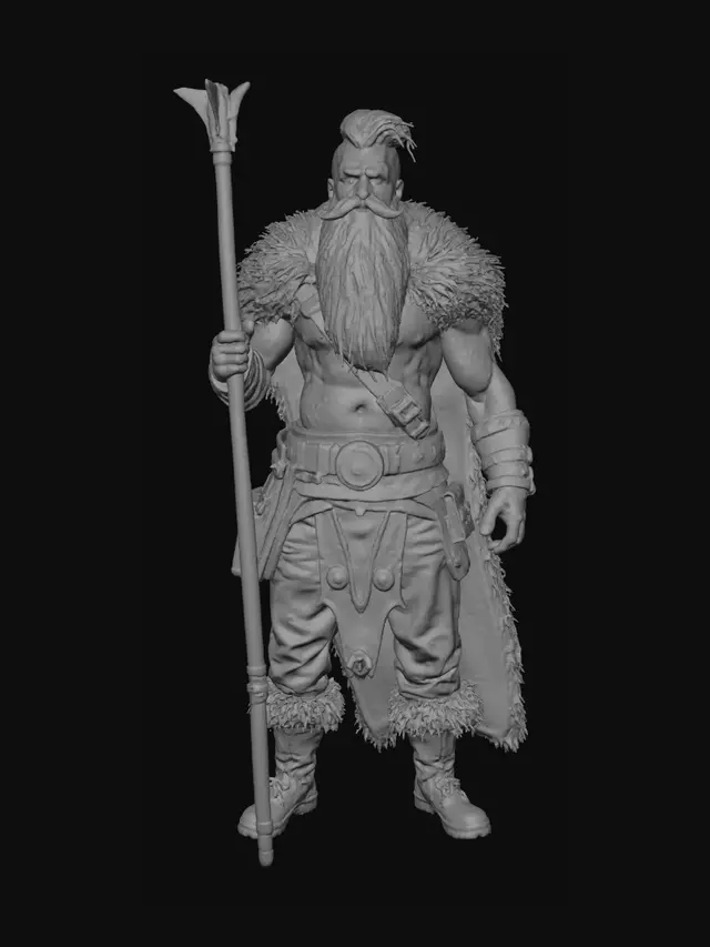 3D model for Layer 1 (Main Focus): An intimidating gnome barbarian fantasy figure. Featuring rough brown hair and beard with a handlebar moustache, and piercing blue eyes. Mischievous  Innocent smile.
Layer 2: He wears a worn animal pelt. In his hands, he clutches a long spear.
Style: Masterpiece, 8k resolution, dynamic lighting, hyperdetailed, intricately detailed, photorealistic, photorealism, hyperrealism, ultra quality, 8k, hyper-detailed, photorealism, hyperrealism