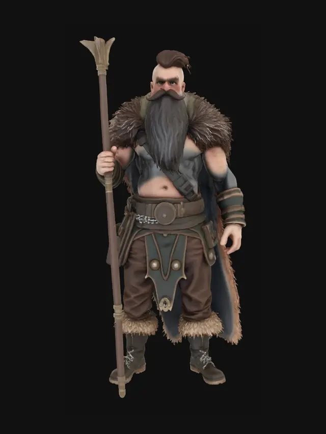 3D model for Layer 1 (Main Focus): An intimidating gnome barbarian fantasy figure. Featuring rough brown hair and beard with a handlebar moustache, and piercing blue eyes. Mischievous  Innocent smile.
Layer 2: He wears a worn animal pelt. In his hands, he clutches a long spear.
Style: Masterpiece, 8k resolution, dynamic lighting, hyperdetailed, intricately detailed, photorealistic, photorealism, hyperrealism, ultra quality, 8k, hyper-detailed, photorealism, hyperrealism