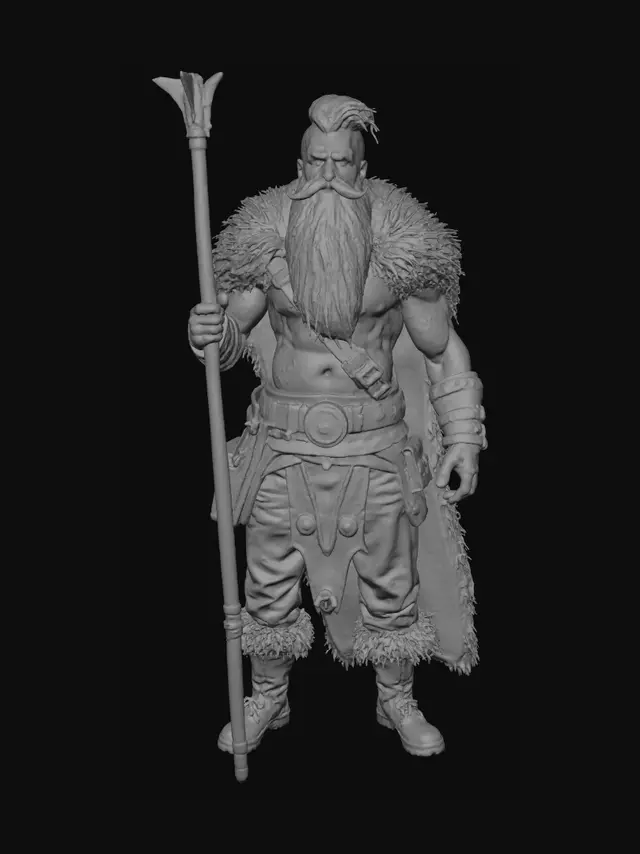 3D model for Layer 1 (Main Focus): An intimidating gnome barbarian fantasy figure. Featuring rough brown hair and beard with a handlebar moustache, and piercing blue eyes. Mischievous  Innocent smile.
Layer 2: He wears a worn animal pelt. In his hands, he clutches a long spear.
Style: Masterpiece, 8k resolution, dynamic lighting, hyperdetailed, intricately detailed, photorealistic, photorealism, hyperrealism, ultra quality, 8k, hyper-detailed, photorealism, hyperrealism