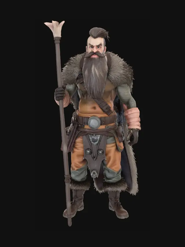 3D model for Layer 1 (Main Focus): An intimidating gnome barbarian fantasy figure. Featuring rough brown hair and beard with a handlebar moustache, and piercing blue eyes. Mischievous  Innocent smile.
Layer 2: He wears a worn animal pelt. In his hands, he clutches a long spear.
Style: Masterpiece, 8k resolution, dynamic lighting, hyperdetailed, intricately detailed, photorealistic, photorealism, hyperrealism, ultra quality, 8k, hyper-detailed, photorealism, hyperrealism