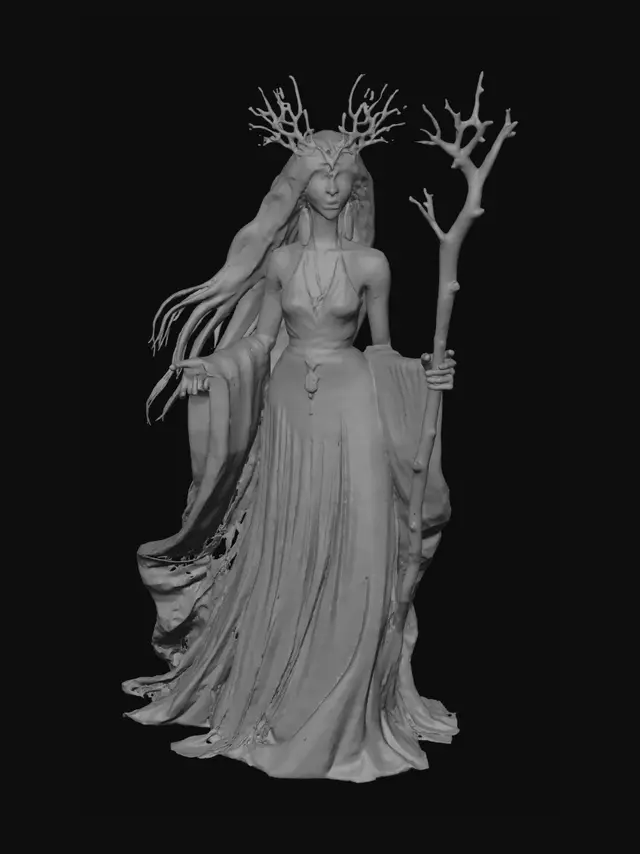3D model for An tall ethereal goddess-like figure with striking blue skin, glowing white eyes, and long, flowing iridescent blue-grey hair that billows around her.  She wears an ornate silver diadem with a prominent blue gem and feathery accents, and elegant silver earrings. Her body is draped in flowing, soft white fabric, intricately textured with subtle leaf and vine patterns, revealing blue skin underneath. One hand radiates a soft blue magical energy, while the other firmly grasps a gnarled, twisted staff resembling a tree branch.