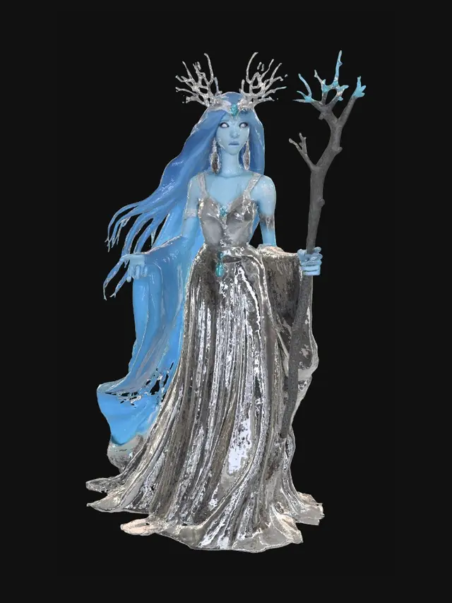3D model for An tall ethereal goddess-like figure with striking blue skin, glowing white eyes, and long, flowing iridescent blue-grey hair that billows around her.  She wears an ornate silver diadem with a prominent blue gem and feathery accents, and elegant silver earrings. Her body is draped in flowing, soft white fabric, intricately textured with subtle leaf and vine patterns, revealing blue skin underneath. One hand radiates a soft blue magical energy, while the other firmly grasps a gnarled, twisted staff resembling a tree branch.