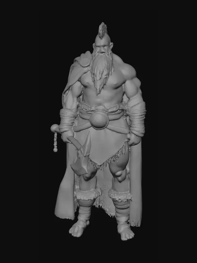 3D model for A powerfully built male goliath warrior with a hulking, muscular physique and blue eyes. His face shows an enraged expression. He has a  mohawk and a long, shaggy blonde beard. Wearing a flowing red cloak and rugged brown loincloth, his raw, scarred skin is visible. He is adorned with a greataxe and a greatclub.
Style: masterpiece, 8k resolution, dynamic lighting, hyperdetailed, intricately detailed, photorealistic, photorealism, hyperrealism, ultra quality, 8k, hyper-detailed, photorealism, hyperrealism, figurine fantasy dnd 3D avatar