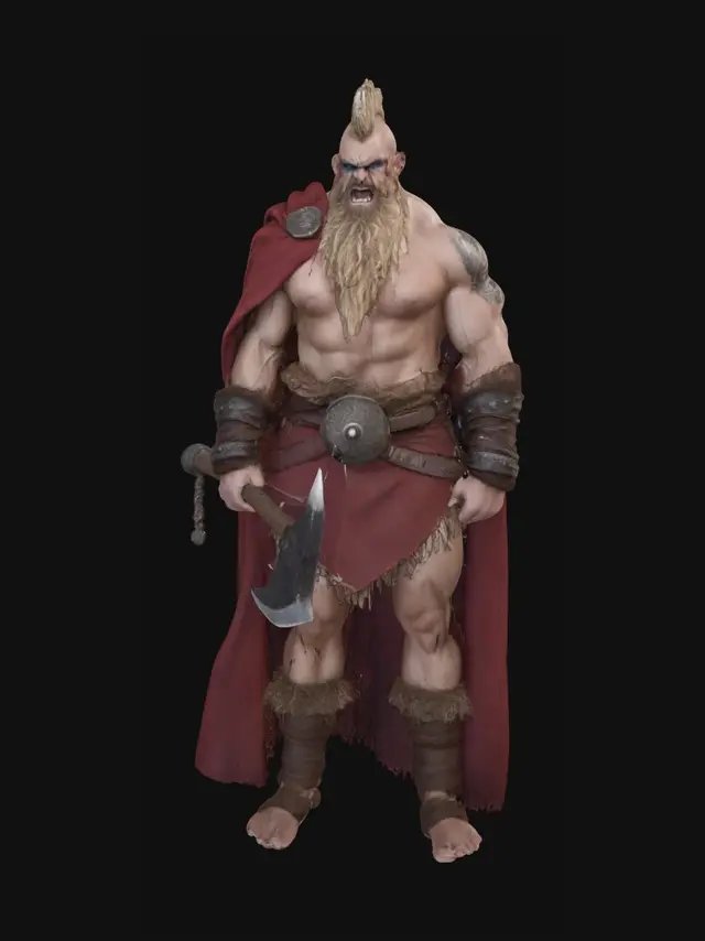3D model for A powerfully built male goliath warrior with a hulking, muscular physique and blue eyes. His face shows an enraged expression. He has a  mohawk and a long, shaggy blonde beard. Wearing a flowing red cloak and rugged brown loincloth, his raw, scarred skin is visible. He is adorned with a greataxe and a greatclub.
Style: masterpiece, 8k resolution, dynamic lighting, hyperdetailed, intricately detailed, photorealistic, photorealism, hyperrealism, ultra quality, 8k, hyper-detailed, photorealism, hyperrealism, figurine fantasy dnd 3D avatar