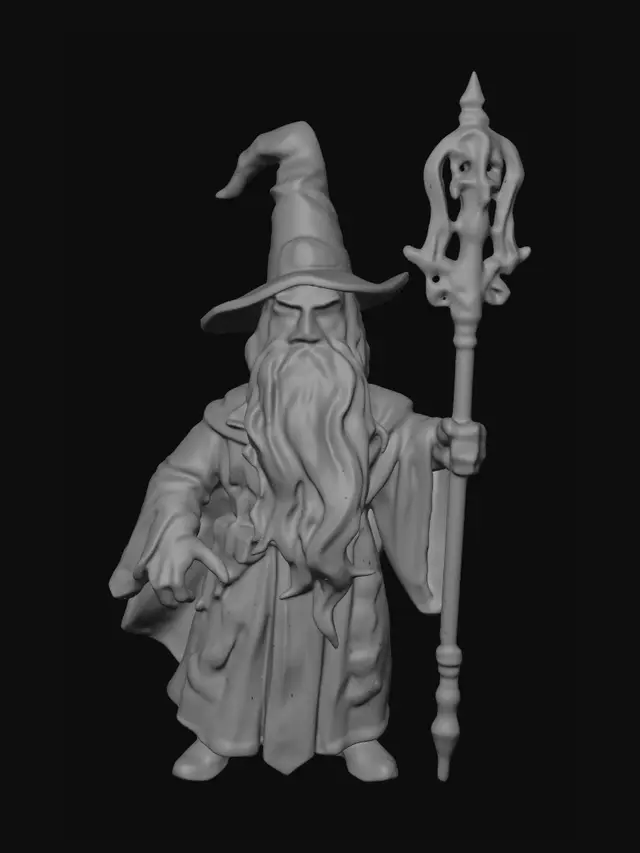 3D model for A noble stubby male dwarf wizard with a pointed wizard's hat. He wears a long exquisite set of robes with runes. Full-body. Holding an ornate staff. He has a floor-length shaggy gray beard. 
Style: masterpiece, 8k resolution, dynamic lighting, hyperdetailed, intricately detailed, photorealistic, photorealism, hyperrealism, ultra quality, 8k, hyper-detailed, photorealism, hyperrealism, figurine fantasy dnd 3D avatar