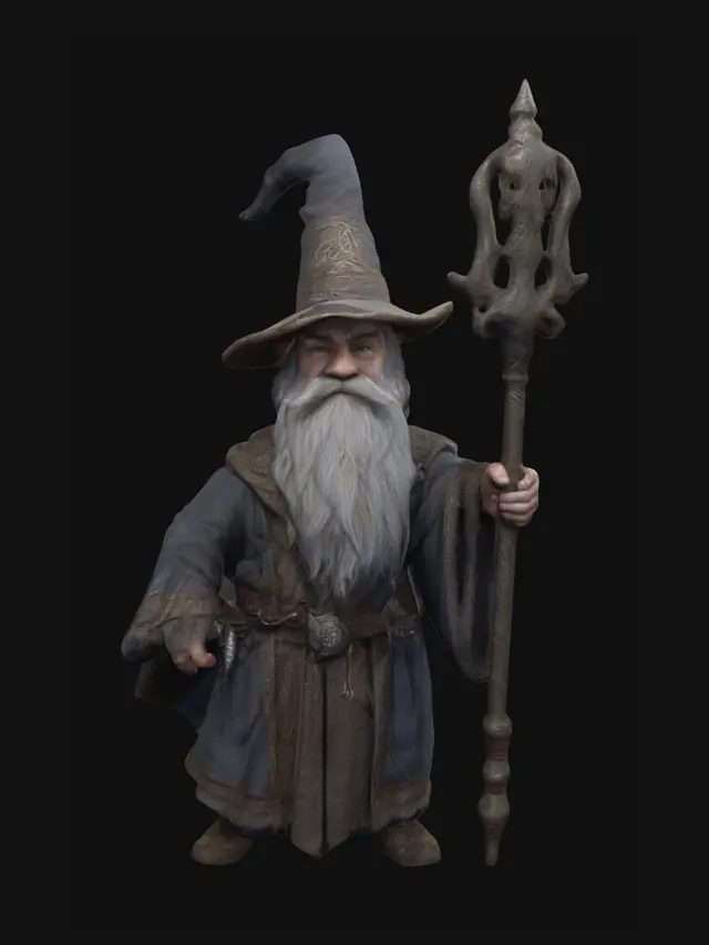 3D model for A noble stubby male dwarf wizard with a pointed wizard's hat. He wears a long exquisite set of robes with runes. Full-body. Holding an ornate staff. He has a floor-length shaggy gray beard. 
Style: masterpiece, 8k resolution, dynamic lighting, hyperdetailed, intricately detailed, photorealistic, photorealism, hyperrealism, ultra quality, 8k, hyper-detailed, photorealism, hyperrealism, figurine fantasy dnd 3D avatar