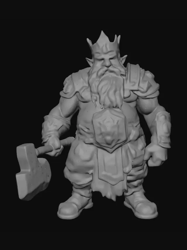 3D model for A powerfully built male dwarf king blacksmith with a hulking, muscular physique and fierce piercing eyes. Full-body. His face shows an enraged regal expression with gritted teeth and prominent runes or markings. He wears an ornate yet rugged dwarven crown. Holding a massively oversized warhammer with a dwarven crest. He has an extremely long, shaggy blonde beard. Wearing a full-plate dwarven armor, his raw, scarred skin is visible. He is adorned with metallic armbands and a prominent silver belt buckle with a royal crest.
Style: masterpiece, 8k resolution, dynamic lighting, hyperdetailed, intricately detailed, photorealistic, photorealism, hyperrealism, ultra quality, 8k, hyper-detailed, photorealism, hyperrealism, figurine fantasy dnd 3D avatar