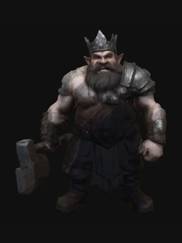 3D model for A powerfully built male dwarf king blacksmith with a hulking, muscular physique and fierce piercing eyes. Full-body. His face shows an enraged regal expression with gritted teeth and prominent runes or markings. He wears an ornate yet rugged dwarven crown. Holding a massively oversized warhammer with a dwarven crest. He has an extremely long, shaggy blonde beard. Wearing a full-plate dwarven armor, his raw, scarred skin is visible. He is adorned with metallic armbands and a prominent silver belt buckle with a royal crest.
Style: masterpiece, 8k resolution, dynamic lighting, hyperdetailed, intricately detailed, photorealistic, photorealism, hyperrealism, ultra quality, 8k, hyper-detailed, photorealism, hyperrealism, figurine fantasy dnd 3D avatar