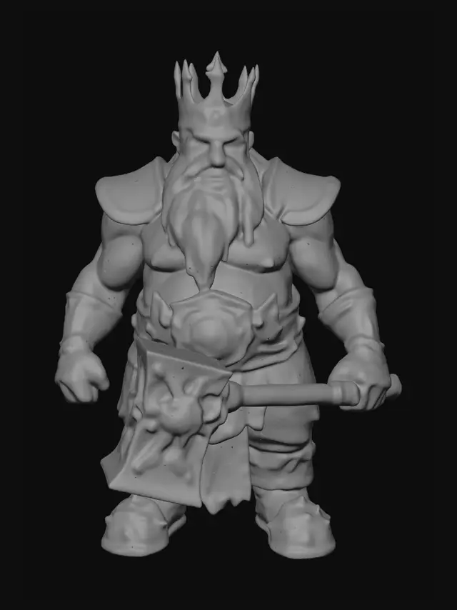 3D model for A powerfully built male dwarf king blacksmith with a hulking, muscular physique and fierce piercing eyes. Full-body. His face shows an enraged regal expression with gritted teeth and prominent runes or markings. He wears an ornate yet rugged dwarven crown. Holding a massively oversized warhammer with a dwarven crest. He has a long, shaggy blonde beard. Wearing a full-plate dwarven armor, his raw, scarred skin is visible. He is adorned with metallic armbands and a prominent silver belt buckle with a royal crest.
Style: masterpiece, 8k resolution, dynamic lighting, hyperdetailed, intricately detailed, photorealistic, photorealism, hyperrealism, ultra quality, 8k, hyper-detailed, photorealism, hyperrealism, figurine fantasy dnd 3D avatar
