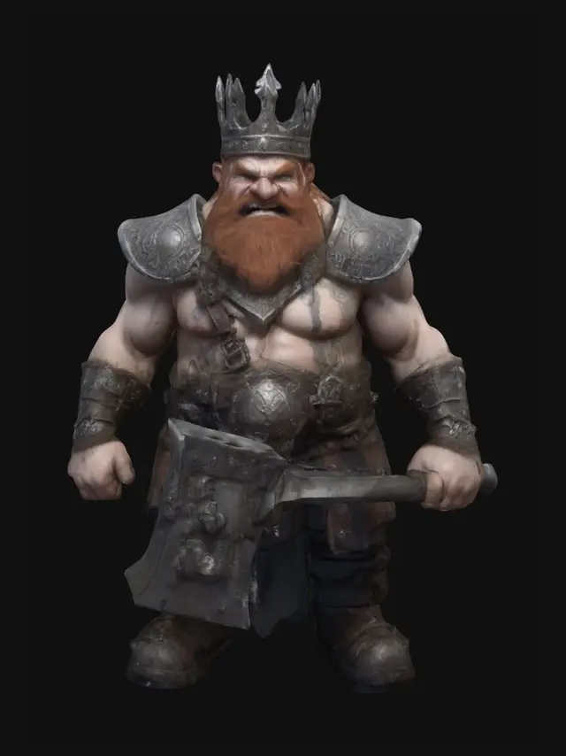 3D model for A powerfully built male dwarf king blacksmith with a hulking, muscular physique and fierce piercing eyes. Full-body. His face shows an enraged regal expression with gritted teeth and prominent runes or markings. He wears an ornate yet rugged dwarven crown. Holding a massively oversized warhammer with a dwarven crest. He has a long, shaggy blonde beard. Wearing a full-plate dwarven armor, his raw, scarred skin is visible. He is adorned with metallic armbands and a prominent silver belt buckle with a royal crest.
Style: masterpiece, 8k resolution, dynamic lighting, hyperdetailed, intricately detailed, photorealistic, photorealism, hyperrealism, ultra quality, 8k, hyper-detailed, photorealism, hyperrealism, figurine fantasy dnd 3D avatar