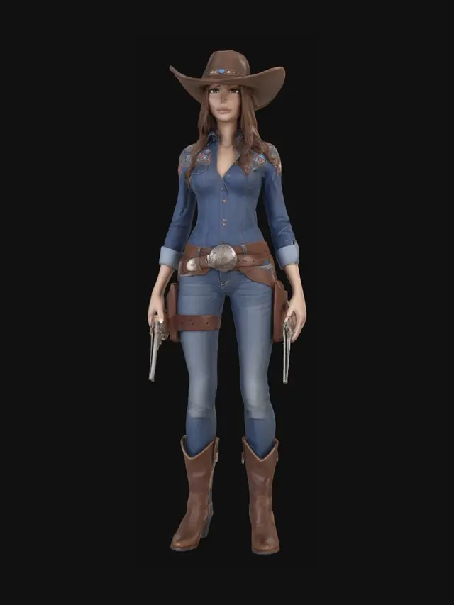 3D model for A slender female character with long, wavy brown hair, wearing a classic brown leather cowboy hat. She has a confident, slightly alluring expression with subtle makeup. Her attire consists of a fitted blue denim button-up shirt with intricate embroidery on the shoulders, and tight blue jeans. A wide brown leather belt with a large buckle holds two holsters, each containing a metallic silver revolver. She sports tall, two-toned brown leather boots, completing her rugged yet stylish western aesthetic in a relaxed, ready stance.