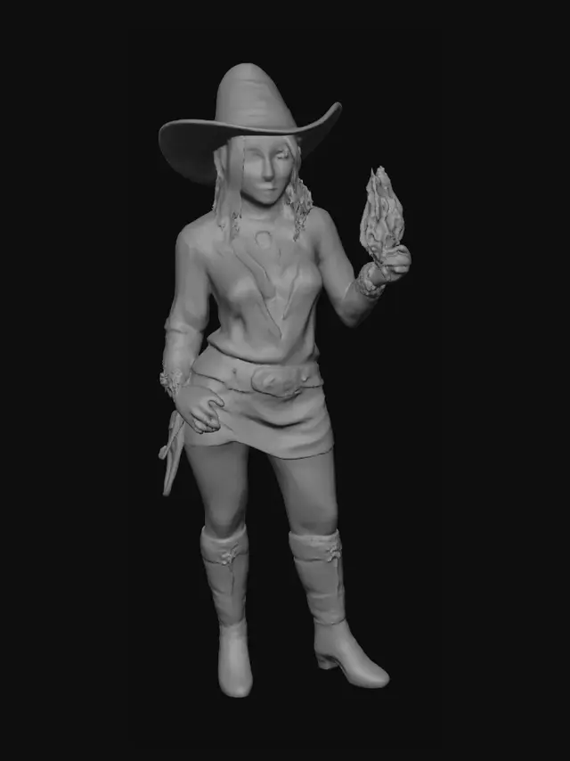 3D model for A striking female character wears a wide-brimmed brown sheriff's hat adorned with gold and dark green accents. Her knee-length, wavy dark hair cascades over her bare shoulders. She has a fierce angry expression, with fair blue skin, natural lips, exceptionally gargantuan bust, and vivid green eyes. Her attire features a sexy white and maroon tunic with a deep revealing V-neck that highlights her massive bust, and is accented with intricate gold patterns and a large emerald pendant. Brown leather straps complete her robust, adventurer-style ensemble, standing confidently.  Her outstretched right hand smolders with molten fire which sizzles upwards. Her left hand rests confidently on her waist. 