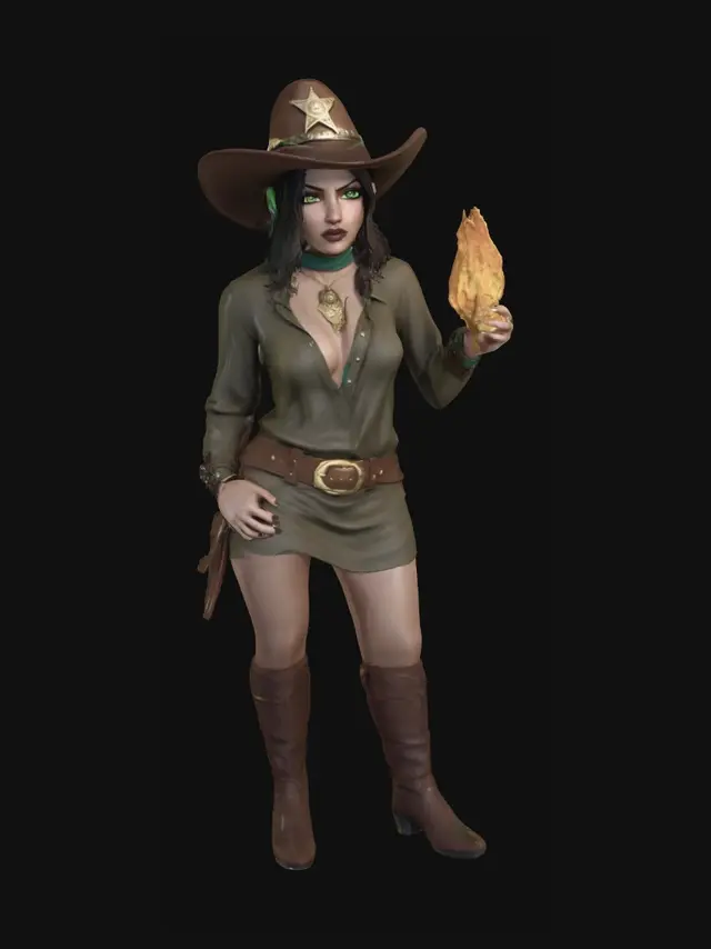 3D model for A striking female character wears a wide-brimmed brown sheriff's hat adorned with gold and dark green accents. Her knee-length, wavy dark hair cascades over her bare shoulders. She has a fierce angry expression, with fair blue skin, natural lips, exceptionally gargantuan bust, and vivid green eyes. Her attire features a sexy white and maroon tunic with a deep revealing V-neck that highlights her massive bust, and is accented with intricate gold patterns and a large emerald pendant. Brown leather straps complete her robust, adventurer-style ensemble, standing confidently.  Her outstretched right hand smolders with molten fire which sizzles upwards. Her left hand rests confidently on her waist. 
