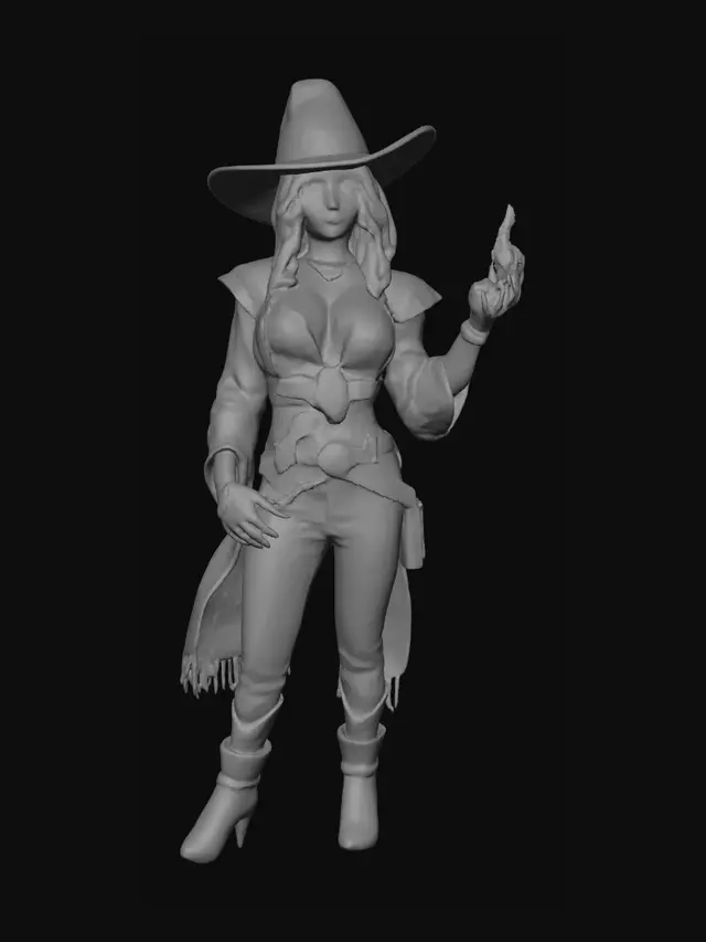 3D model for A striking female character wears a wide-brimmed brown sheriff's hat adorned with gold and dark green accents. Her knee-length, wavy dark hair cascades over her bare shoulders. She has a fierce angry expression, with fair blue skin, natural lips, exceptionally gargantuan bust, and vivid green eyes. Her attire features a white and maroon tunic with a deep revealing V-neck that highlights her massive bust, and is accented with intricate gold patterns and a large emerald pendant. Brown leather straps complete her robust, adventurer-style ensemble, standing confidently.  Her outstretched right hand smolders with molten fire which sizzles upwards. Her left hand rests confidently on her waist. 