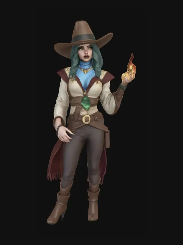 3D model for A striking female character wears a wide-brimmed brown sheriff's hat adorned with gold and dark green accents. Her knee-length, wavy dark hair cascades over her bare shoulders. She has a fierce angry expression, with fair blue skin, natural lips, exceptionally gargantuan bust, and vivid green eyes. Her attire features a white and maroon tunic with a deep revealing V-neck that highlights her massive bust, and is accented with intricate gold patterns and a large emerald pendant. Brown leather straps complete her robust, adventurer-style ensemble, standing confidently.  Her outstretched right hand smolders with molten fire which sizzles upwards. Her left hand rests confidently on her waist. 