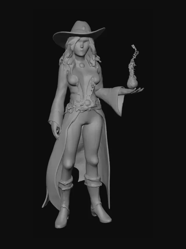 3D model for A striking female character wears a wide-brimmed brown sheriff's hat adorned with gold and dark green accents. Her knee-length, wavy dark hair cascades over her bare shoulders. She has a fierce angry expression, with fair blue skin, natural lips, exceptionally gargantuan bust, and vivid green eyes. Her attire features a white and maroon tunic with a deep revealing V-neck that highlights her massive bust, and is accented with intricate gold patterns and a large emerald pendant. Brown leather straps complete her robust, adventurer-style ensemble, standing confidently.  Her outstretched right hand smolders with molten fire which sizzles upwards. Her left hand rests confidently on her waist. 