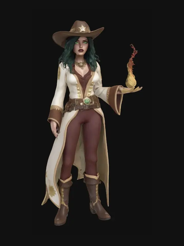 3D model for A striking female character wears a wide-brimmed brown sheriff's hat adorned with gold and dark green accents. Her knee-length, wavy dark hair cascades over her bare shoulders. She has a fierce angry expression, with fair blue skin, natural lips, exceptionally gargantuan bust, and vivid green eyes. Her attire features a white and maroon tunic with a deep revealing V-neck that highlights her massive bust, and is accented with intricate gold patterns and a large emerald pendant. Brown leather straps complete her robust, adventurer-style ensemble, standing confidently.  Her outstretched right hand smolders with molten fire which sizzles upwards. Her left hand rests confidently on her waist. 