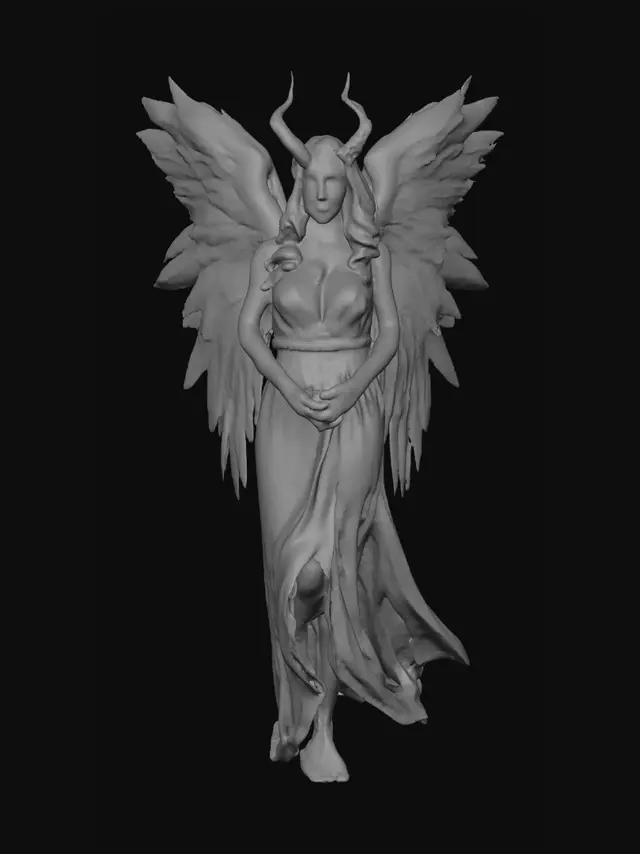 3D model for A full-body 30 years old stunning winged feathery caucasian female angel with demon eyes and horns. Highly detailed face with full lush red lips and beautiful eyes. Sensual stance. Seductive evil smile. Long flowing dress.
Style: masterpiece, 8k resolution, dynamic lighting, hyperdetailed, intricately detailed, photorealistic, photorealism, hyperrealism, ultra quality, 8k, hyper-detailed, photorealism, hyperrealism, figurine fantasy dnd 3D avatar