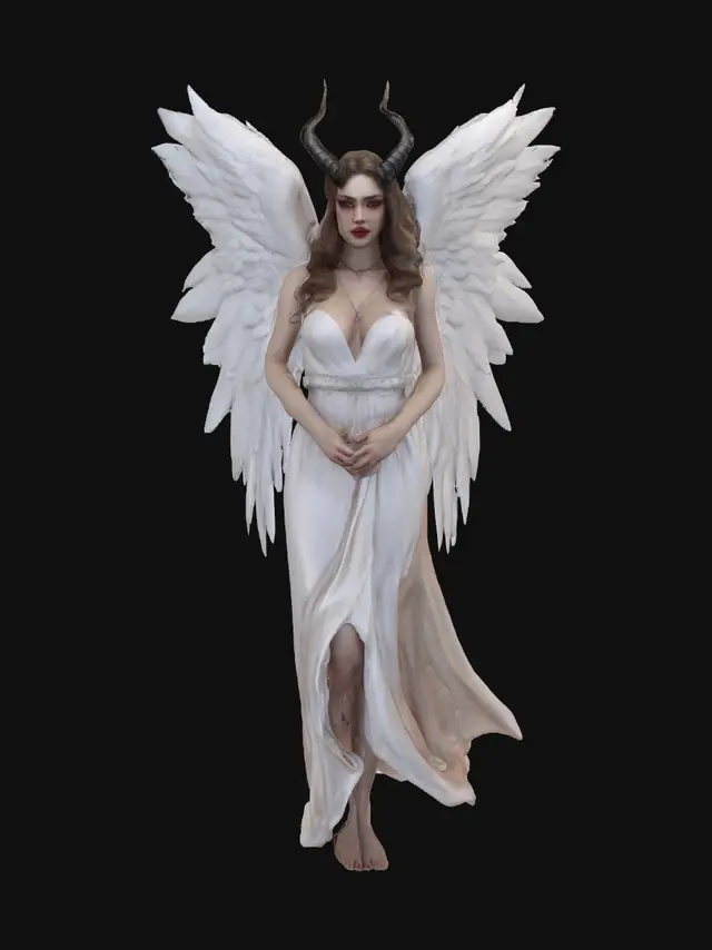 3D model for A full-body 30 years old stunning winged feathery caucasian female angel with demon eyes and horns. Highly detailed face with full lush red lips and beautiful eyes. Sensual stance. Seductive evil smile. Long flowing dress.
Style: masterpiece, 8k resolution, dynamic lighting, hyperdetailed, intricately detailed, photorealistic, photorealism, hyperrealism, ultra quality, 8k, hyper-detailed, photorealism, hyperrealism, figurine fantasy dnd 3D avatar