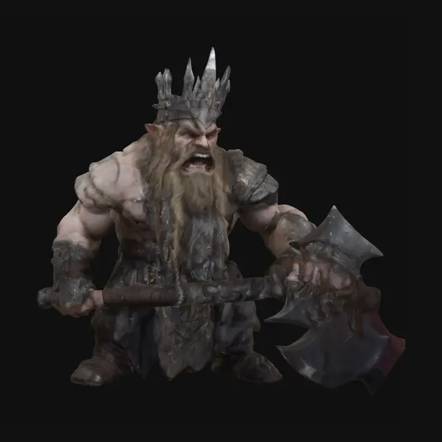 3D model for A powerfully built male dwarf king with a hulking, muscular physique and fierce piercing eyes. His face shows an enraged regal expression with gritted teeth and prominent runes or markings. He wears an ornate yet rugged dwarven crown. Holding a massively oversized warhammer with a dwarven crest. He has a long, shaggy blonde beard. Wearing a full-plate dwarven armor, his raw, scarred skin is visible. He is adorned with metallic armbands and a prominent silver belt buckle with a royal crest.
Style: masterpiece, 8k resolution, dynamic lighting, hyperdetailed, intricately detailed, photorealistic, photorealism, hyperrealism, ultra quality, 8k, hyper-detailed, photorealism, hyperrealism, figurine fantasy dnd 3D avatar