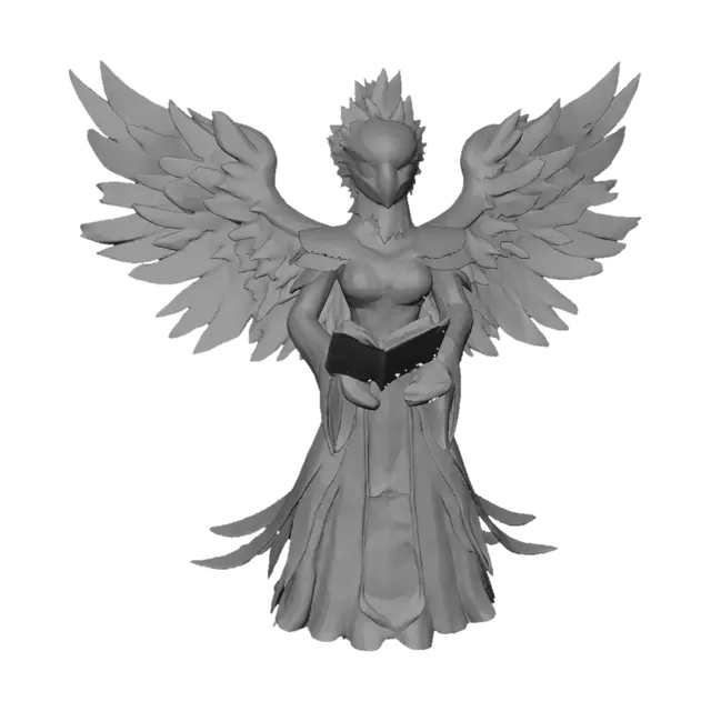 3D model for A majestic female humanoid figure with the head of a blue eagle, featuring a vibrant orange beak, sharp yellow eyes, exceptionally large bust, and a white feathered crest with golden accents. Its body is adorned with rich, textured blue feathers, transitioning into expansive, layered blue wings. It wears an elaborate robe, primarily deep blue and white, with flowing gold trim, intricate golden patterns with a large, ornate gold chest emblem with a polished, metallic appearance is secured by braided gold cords. Its human-like hands are holding a wizard's spellbook.