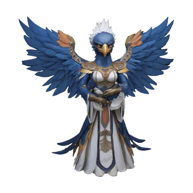 3D model for A majestic female humanoid figure with the head of a blue eagle, featuring a vibrant orange beak, sharp yellow eyes, exceptionally large bust, and a white feathered crest with golden accents. Its body is adorned with rich, textured blue feathers, transitioning into expansive, layered blue wings. It wears an elaborate robe, primarily deep blue and white, with flowing gold trim, intricate golden patterns with a large, ornate gold chest emblem with a polished, metallic appearance is secured by braided gold cords. Its human-like hands are holding a wizard's spellbook.