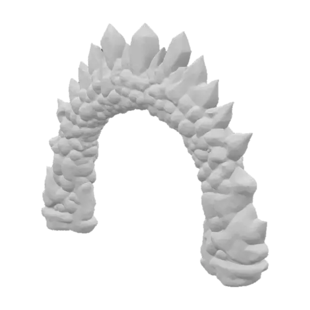 3D model for A formidable archway built from massive, raw chunks of various glowing gemstones, each stone representing a color of the rainbow. Jagged rubies, fiery citrines, vibrant emeralds, deep sapphires, and royal amethysts are expertly fused together. The surfaces are rough and crystalline, feeling cool and hard, intensely sparkling with internal light. This elaborate, chaotic yet majestic structure forms a powerful, raw, and visually overwhelming gateway of natural brilliance., #arch#