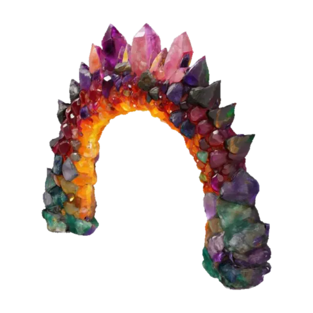 3D model for A formidable archway built from massive, raw chunks of various glowing gemstones, each stone representing a color of the rainbow. Jagged rubies, fiery citrines, vibrant emeralds, deep sapphires, and royal amethysts are expertly fused together. The surfaces are rough and crystalline, feeling cool and hard, intensely sparkling with internal light. This elaborate, chaotic yet majestic structure forms a powerful, raw, and visually overwhelming gateway of natural brilliance., #arch#
