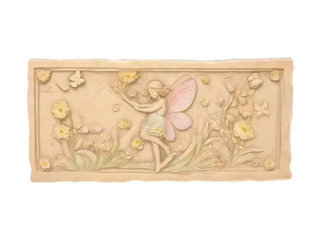 stone slab with a fairy and butterflies and flowers carved into it with a solid… 3D model, vytvořený pomocí AI