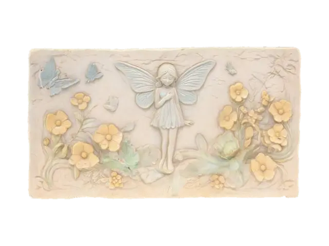 stone slab with a fairy and butterflies and flowers carved into it with a solid… 3D model, vytvořený pomocí AI