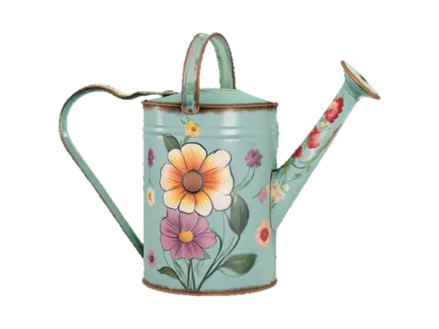 vintage tin watering can with hand painted flowers on the side of it 3D model, AI generated