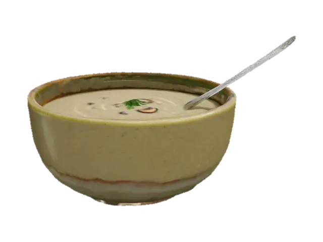 A light blue, smooth, round bowl contains creamy tomato soup with a silver spoon. 3D model, vytvořený pomocí AI