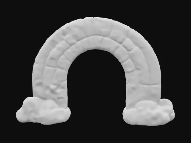 3D model for rainbow stone Arch, archway with clouds, Game Assets, Stone, Carved, hand painted, bold deep lines and edges. 