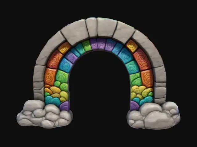 3D model for rainbow stone Arch, archway with clouds, Game Assets, Stone, Carved, hand painted, bold deep lines and edges. 