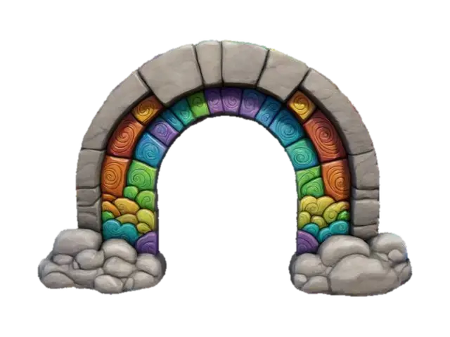3D model for rainbow stone Arch, archway with clouds, Game Assets, Stone, Carved, hand painted, bold deep lines and edges. 