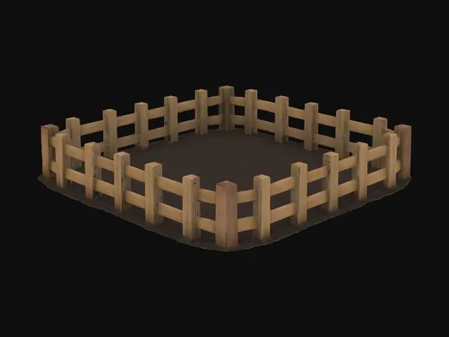 3D model for Square garden plot with a fence on three sides. The plot should be dark potting soil. The fence should be wooden. , Game Assets