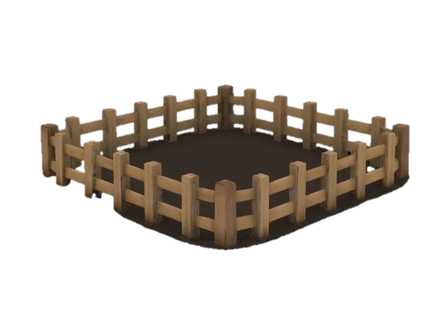 3D model for Square garden plot with a fence on three sides. The plot should be dark potting soil. The fence should be wooden. , Game Assets