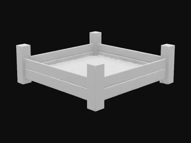 3D model for Square garden plot with a fence on three sides. The plot should be dark potting soil. The fence should be wooden. , Game Assets