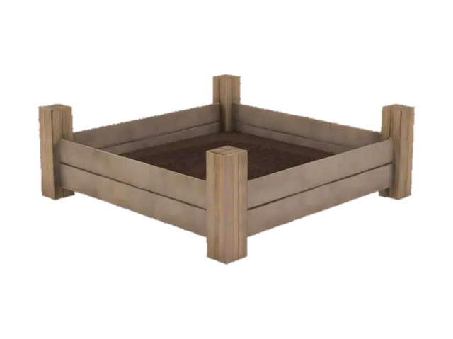3D model for Square garden plot with a fence on three sides. The plot should be dark potting soil. The fence should be wooden. , Game Assets