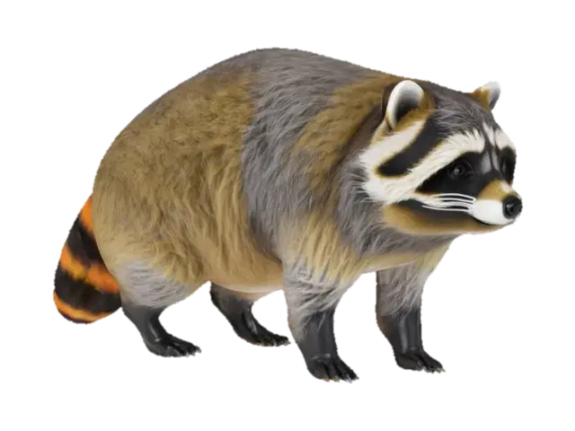A plump raccoon, its body covered in a dense, shaggy coat of coarse grey fur,… 3D model, vytvořený pomocí AI