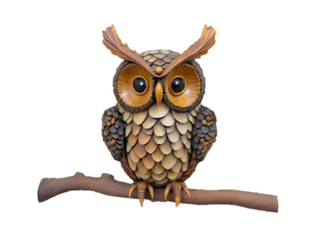 3D model for a decorative owl that is made from a pine cone, Hand Painted, Wood, Carved, Highly Detailed, steampunk